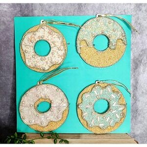 Beaded Donut Christmas Ornaments Pearls Sprinkles Sequins 4" Wood 4 Pc‎ NEW